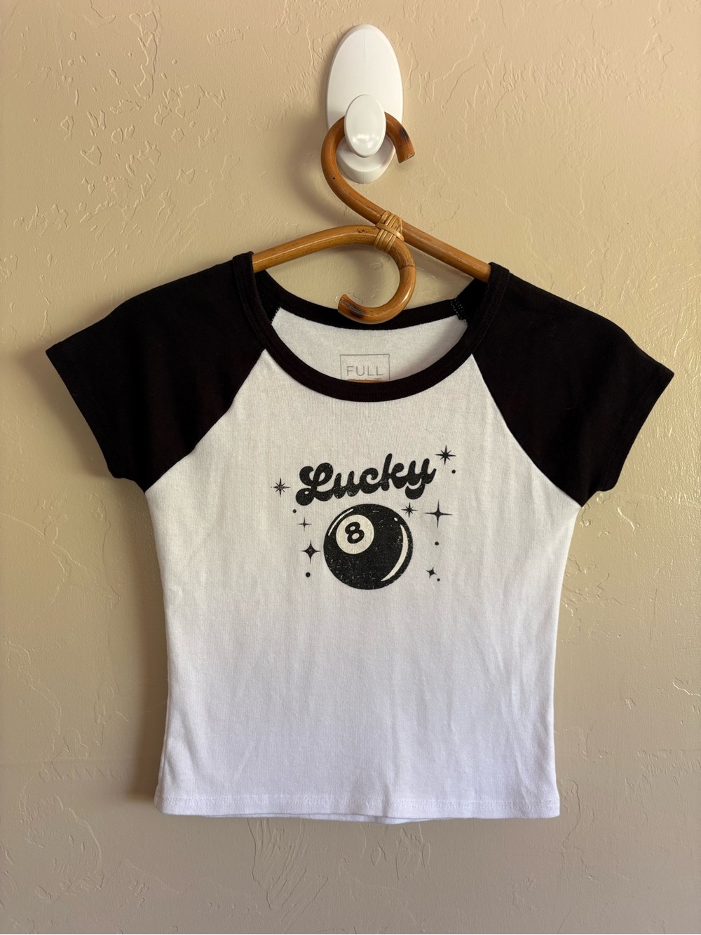 Tilly’s Full Tilt Lucky 8 Ball Short Sleeve Ringer Baby Tee Shirt Black White L